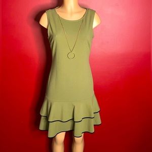 Olive green dress with detachable gold necklace. Size 8